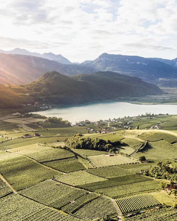 SEELEITEN: Ihr Wellnesshotel in Südtirol Drohnenaufnahme Kalterer See hinter Wellnesshotel Südtirol